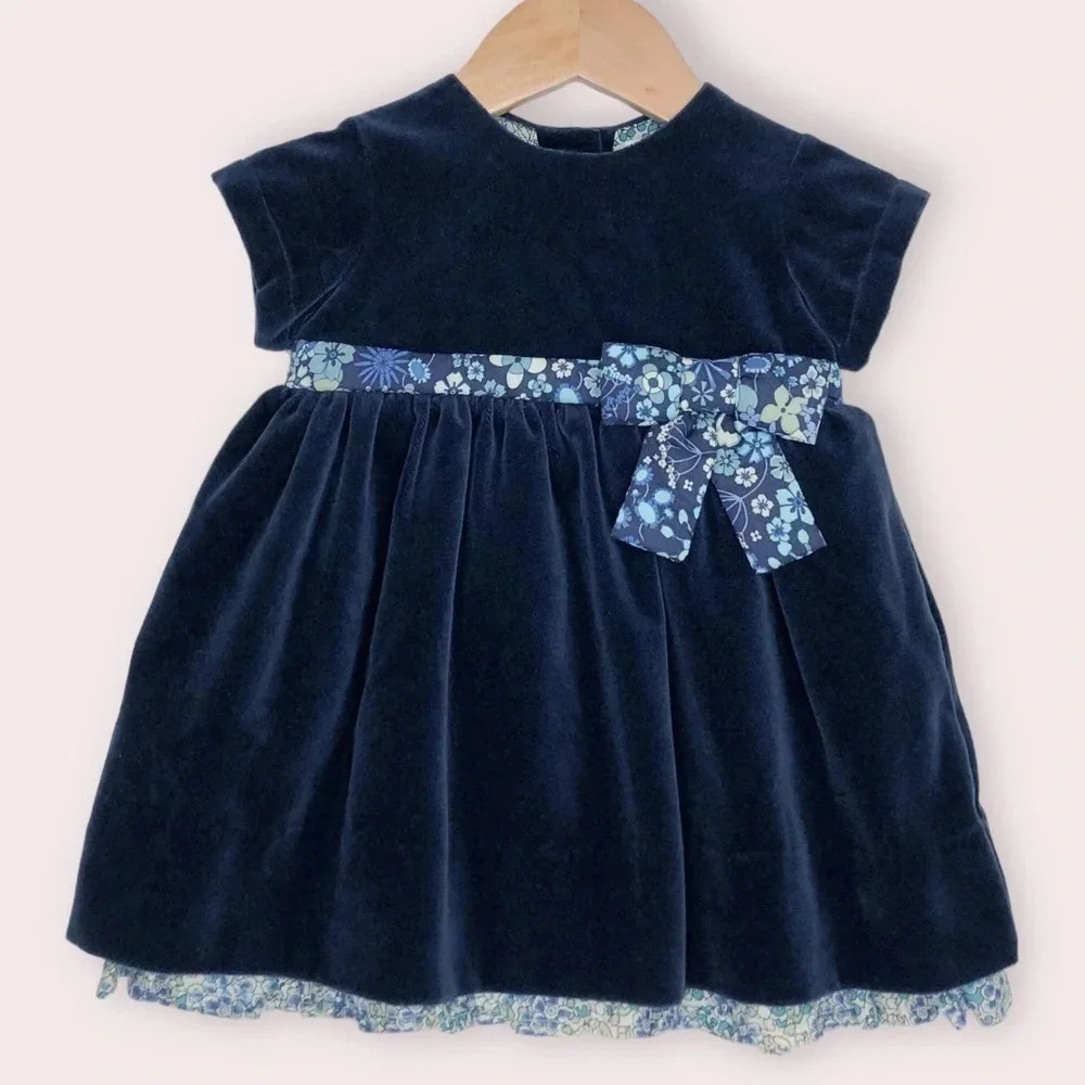 NWT Liberty of London dress blue velvet with floral bow size 6 months‎